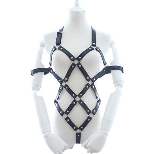 Adult Women PU Leather Strap Open Body Restraint Bodysuit with Arm Restraints Sex Bondage Wear