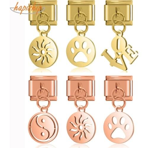 Hapiship Original Daisy Love Sun Dog Footprints Angle Tai Chi Charm Link Fit 9mm Bracelet Stainless Steel Jewelry Making DJ243