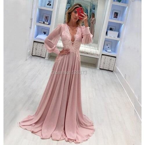 YNQNFS MD85 Elegant Party Dress Chiffon V Neck Long Sleeves Mother of the Bride/Groom Dresses Formal Gowns Real Pictures 2018