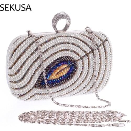 Finger Ring Diamonds Women Evening Bags One Side Leaf Design Beaded Clutch Rhinestones Embroidery Party Handbags
