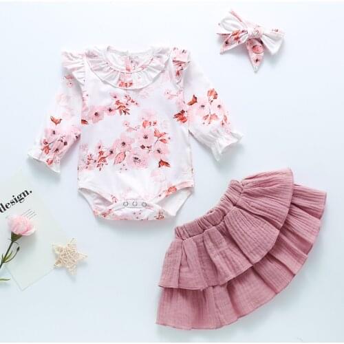 3 Pcs Baby Girls Clothes Set Round Neck Long Sleeve Flower Print Ruffles Romper Solid Color Pleated Bubble Skirt Bow Headband