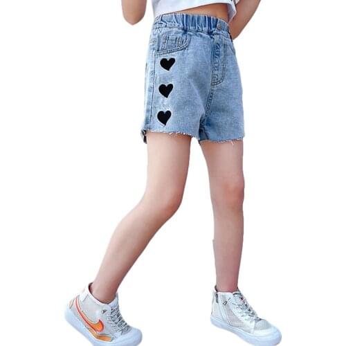 Girls Short Jeans Heart Pattern Girl Child Jeans Summer Kids Jeans Casual Style Childrens Jeans Clothes 6 8 10 12 14