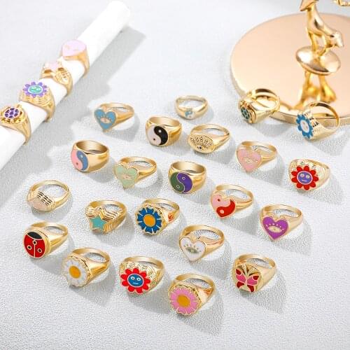 Trendy Multicolor Smiley Y2K Heart Lover Rings for Women Aesthetic Enamel Sunflower Evil Eye Finger Rings Couple Jewelry Gifts