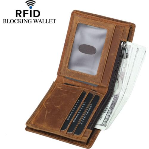 Top quality RFID Cow leather wallet men Crazy horse leather wallets male short mens wallet