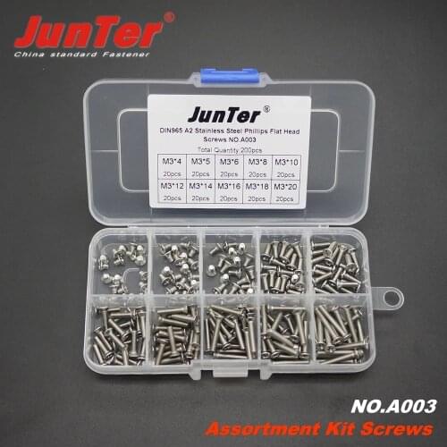 High-quality 200pcs M3 (3mm) x 4/5/6/8/10/12/14/16/18/20 A2 Stainless Steel Phillips Flat Head Machine Screws Kit NO.A003