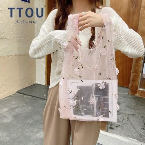 Transparent Flower Embroidery Handbag Organza Casual Tote Mesh Shopping Bags Woman Handbags Female Casual Lady Shoulder Bag