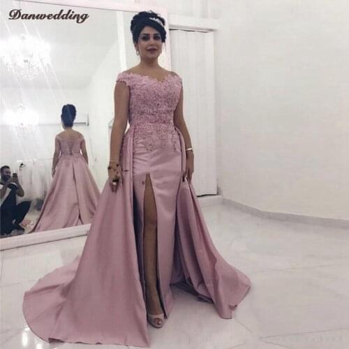 Sexy Mermaid Evening Dress Side Split Detachable Boat-Neck Chapel Train Refinement Lace Applique Prom Dress Lace-Up Party Dress