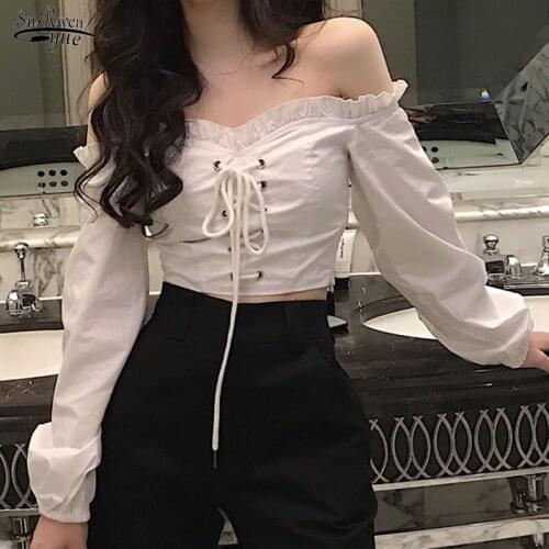 Sexy Lace Up Women Tops and Blouse Autumn Vintage White Shirt Women Long Sleeve Solid Blouse Women Korean Style Tops Blusa 10164