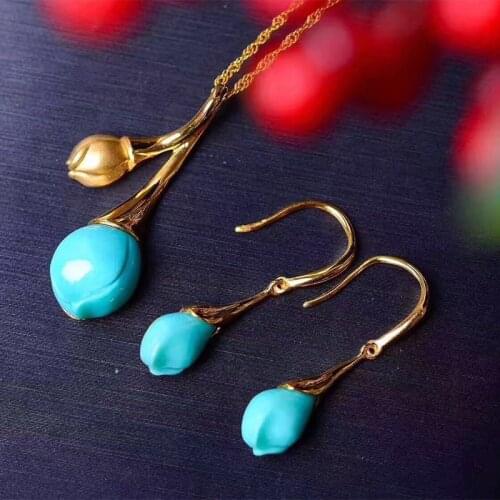 100% Real Turquoise Tulip Drop Earrings 925 Sterling Silver Jewelry Set For Women Natural Stone Pendant Silver 925 Jewelry SS04