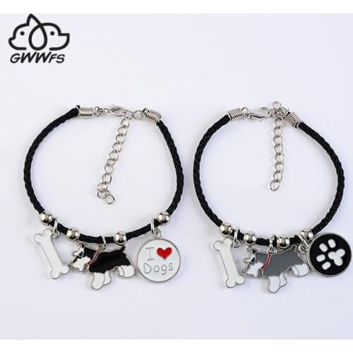 Standard Schnauzer charm bracelets for women girls silver color alloy dog pendant black rope chain female bracelet bijoux femme