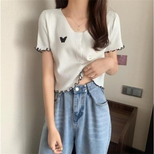 Vintage Butterfly Print Tshirt Female Korean Harajuku Womens T-shirts Tops Japanese Kawaii Ladies Ulzzang Clothes For Women