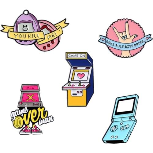 Pink Rock Girls Circular Pins Silk Ribbon Electronic Pet Street Fighter Recreational Game Machines Vintage Brooches Accessory