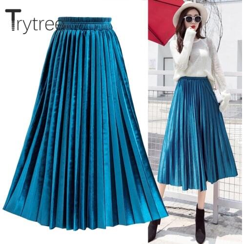 Trytree Summer Autumn Pleated Skirt Womens Vintage High Waist Skirt Velvet Corduroy Long Skirts Fashion Metallic Skirt Female