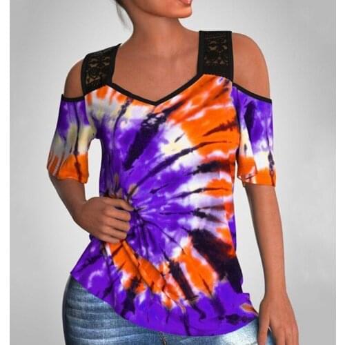 Off Shoulder Sexy Women T Shirt Tie Dye V Neck Lace Patchwork Short Sleeve Loose T Shirt Ladies Y2k Casual T Shirt
