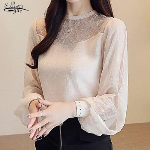 2020 Autumn Fashion New Lace Chiffon Shirts Women Stand Collar Long Sleeve Blouse Casual Loose Ladies' Tops Apricot Blusas 10701
