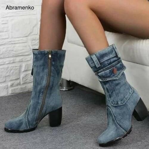 Women Zipper Martin Boots Round Toe Leather Boots Shoes Lady Army Denim Punk Motorcycle high heels 4Colors Boots Plus Size 35-43