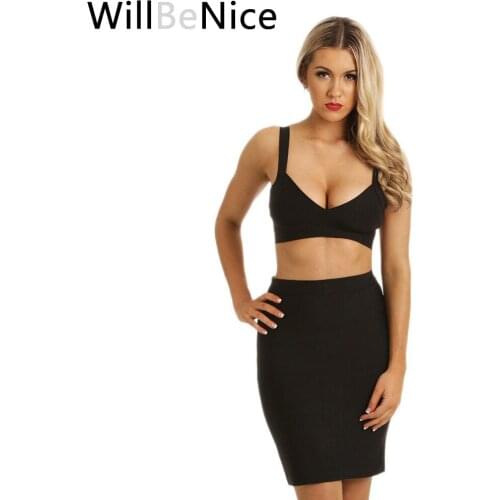 WillBeNice Black 2018 New Arrival Two Piece Sexy Lady Bandage Short Pencil Skirt And Spaghetti Strap V Neck Crop Top