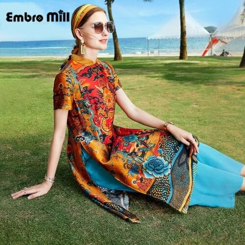 Summer Womens New Chinese Style Small Stand Collar Retro Silk Print Blouse + Elastic Waist Wide-Leg Pants Two-Piece Suit S-XL