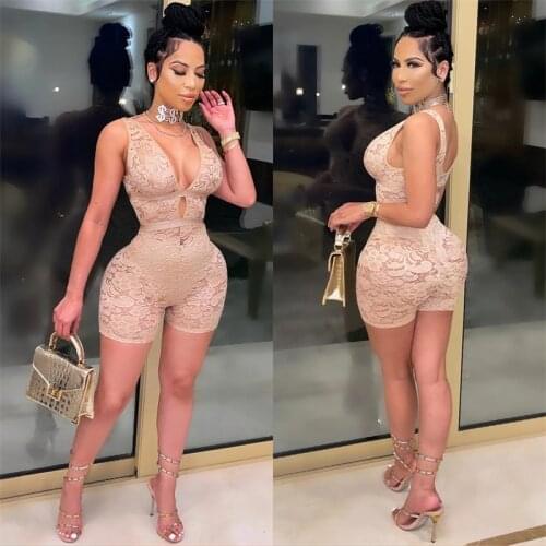 Women Sexy Deep V Neck Jumpsuit Lace Hollow Out Backless Playsuit Bodycon Rompers Solid Color Nightclub One-piece Jumpsuits