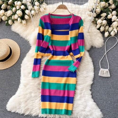 Striped Knitted Two Piece Set Women Crop Top + Sexy Spaghetti Strap Dress Suits Sweet Long Sleeve Sweater Cardigan 2 Piece Suits