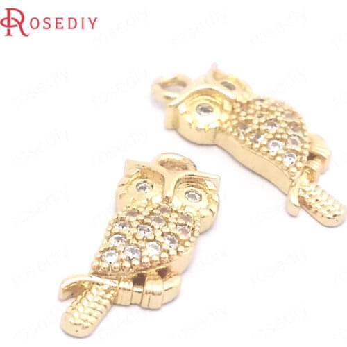 39600)10PCS 6.5x17MM 24K Gold Color Brass and Zircon Owl Charms Pendants Jewelry Making Supplies Diy Findings Accessories
