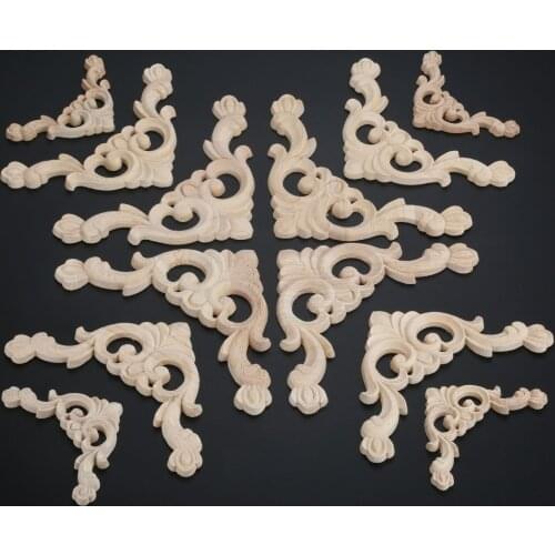 4pcs 8/12/14cm Woodcarving Corner Decal Unpainted Wood Carved Decal Onlay Applique Frame Home Furniture Door Decor Craft Flower