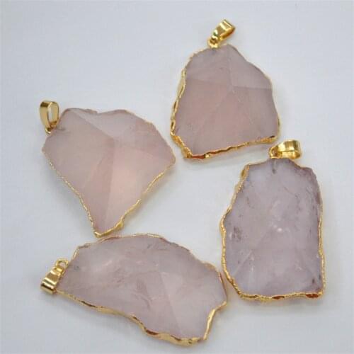 Good Quality Fashion 6Pcs Gold Natural Stone Section Pendants Pink Crystal Charms Pendants For Jewelry Making Free Shipping