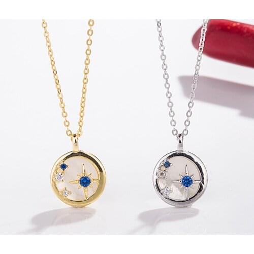925 Sterling Silver Round Shell Star Pendant Necklace With Blue Cubic Zircon Dainty Jewelry For Women Gifts Wholesale S-N587