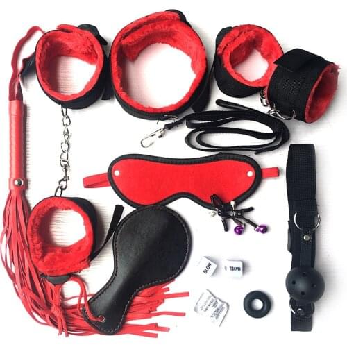 BDSM Bondage Restraint Set Sex Handcuffs Whip Nipple Clamp Gag Dice Sex Toys Kit For Woman Adult S&M Fetish