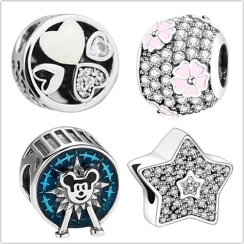 2019 Newest 925 Sterling Silver Bead Flower & five-pointed star Charm fit Original Pandora Bracelet Bangle