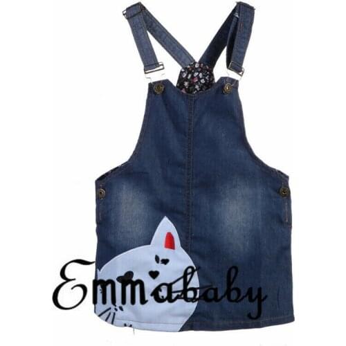 Kids Baby Girls Dresses Cartoon Embroidered Cat Denim Dresses Princess Party Child Outfits Clothes