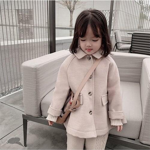 Woolen Girls Kids Coat Jacket 2021 Khaki Warm Thicken Winter Autumn Cotton Cardigan Buttons Outerwear Childrens Clothing