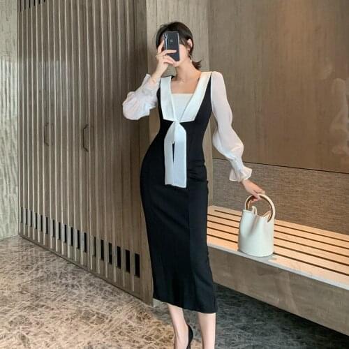 Plus Size Contrast Black Office Work Dress Woman Zipper Bodycon Wrap Long Puff Sleeve Dress Ladies with Bow Winter Dress Women