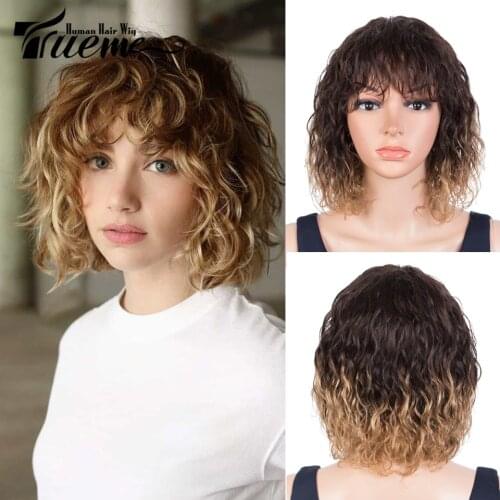 Trueme Short Wavy Bob Human Hair Wigs Brazilian Human Hair Wig With Bangs Ombre Blonde Short Curly Bob Wig Natural Wave Full Wig