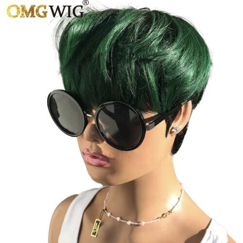 Green Ombre Color Short Wigs For Women Straight Bob Wig With Bang Pixie Cut Brazilian Hair No Lace Front Wig Cheap Glueless Wigs