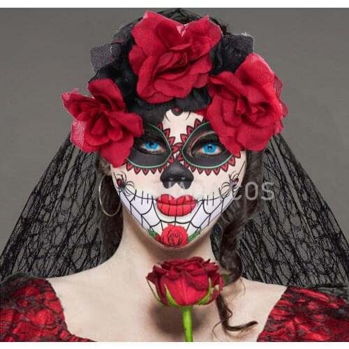 Halloween Lace Veil Day of The Dead Halloween Ghost Mask Red Rose Flower Headband Mask Halloween Carnival Party Accessoris