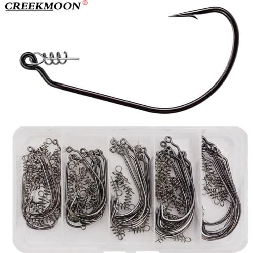 50pcs/box Wide Crank Offset Hooks Carbon Steel Fishing Hooks with Spring Lock Pin for Soft Lure 1/0#-5/0# Jig Bass Barbed Hook