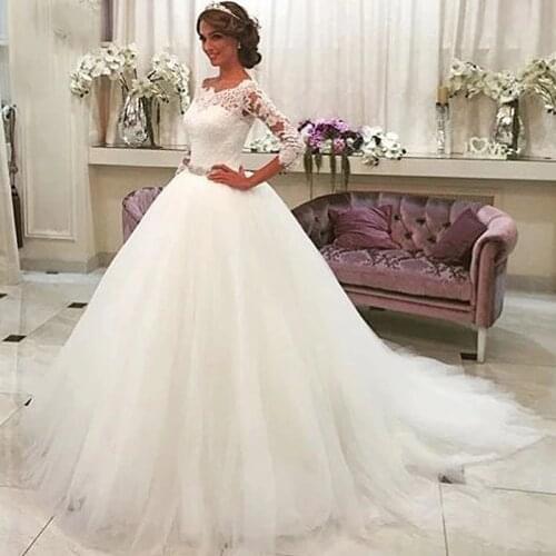 Fashion Long Sleeves Ball Gown Wedding Dress Court Train Bohemian Bride Dress Crystal Sash Tulle Formal Bridal Gown Plus Size