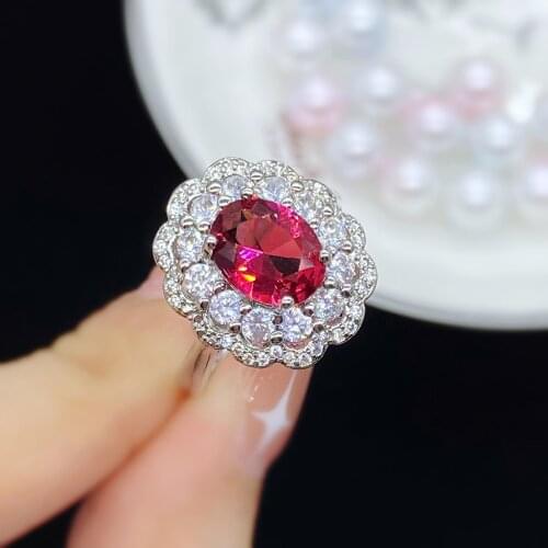 925 Silver Fashion Temperament Luxury Group Inlaid Zircon Simulation Red Tourmaline Color Treasure Adjustable Ring Women Jewelry