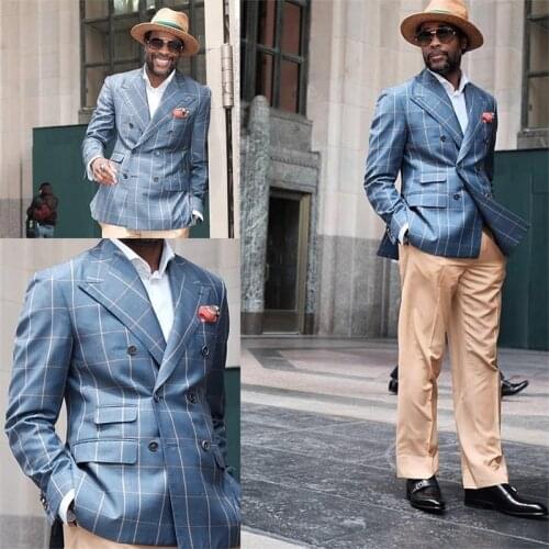 Top Quality Handsome Formal Blue Mens Suit Double Breasted Lapel Suit Cotton Blend Plaid Pattern Gentleman Leisure Coat