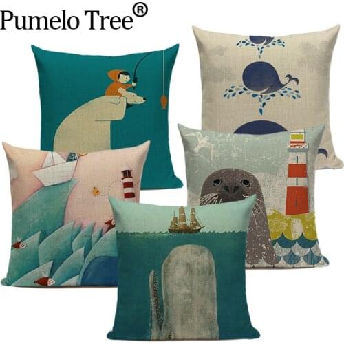 New Linen Sea Scenic Nordic Simple Mediterranean Cushion Pillow Almofada 45Cmx45Cm Square Decor Dropshipping Pillow Case Throw