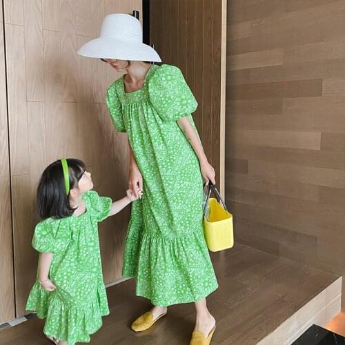 Mummy Mama Baby Girl Matching Clothes Family Clothing Mother Daughter Dresses Green Ruffles Sleeve Fashion Newrborn Baby Dress