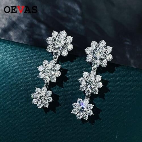 OEVAS 100% 925 Sterling Silver Sparkling Full High Carbon Diamond Flowers Bridal Stud Earrings Engagement Party Fine Jewelry