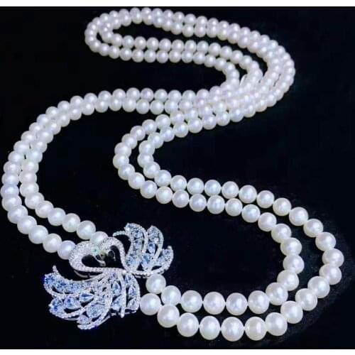 Womens fashion jewelry micro inlaid zircon accessories 75-80cm 7-8mm white freshwater pearl necklace sweater chain