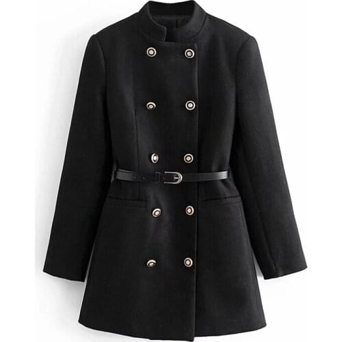 Womens Chic Double-Breasted Coat With Belt Temperament Waist Fashion Autumn And Winter Jacket