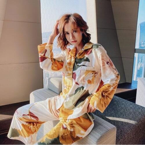 Pajama set plus size winter ladies printed bathrobe set long sleeve lapel casual home wear elegant pregnant women night gowns