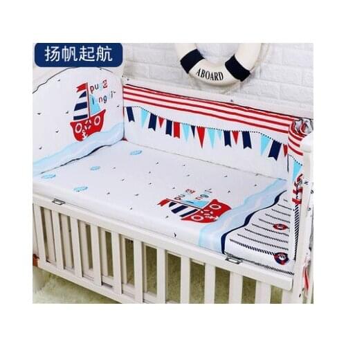 Promotion! 5PCS Blue baby boy girl crib bedding set baby cot beding cotton material cuna,include:(bumpers+sheet)