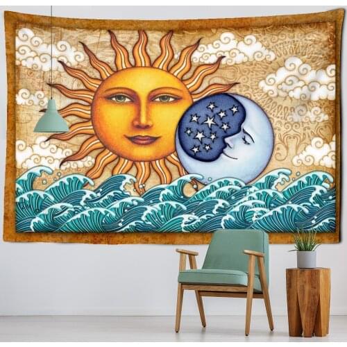 Psychedelic Sun And Moon Tapestry Wall Hanging Ins Style Japanese Relief Painting Bohemia Home Decor