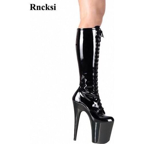 Rncksi New Girls Round Toe Party Queen Zipper Chick Heels Shoes Womens Boots Dance Shoes 20cm Heels High Knee High Boot