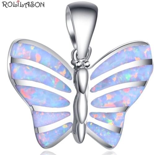 ROLILASON Beautiful Butterfly Animals Design White Fire Opal Silver Stamped Necklace Pendants Fashion jewelry for girl OP734